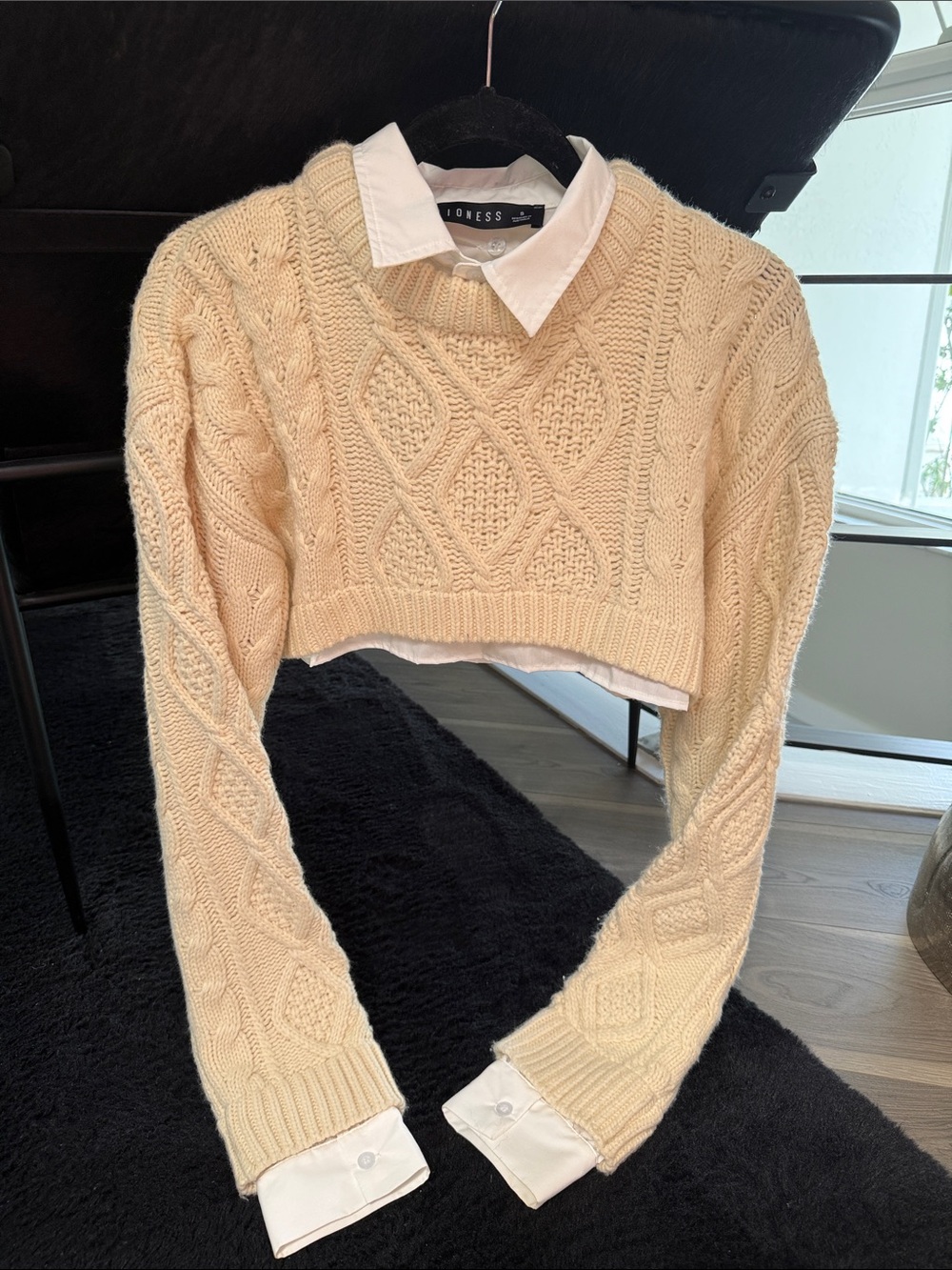 Lioness Cream Cable Knit Cropped Crew Sweater